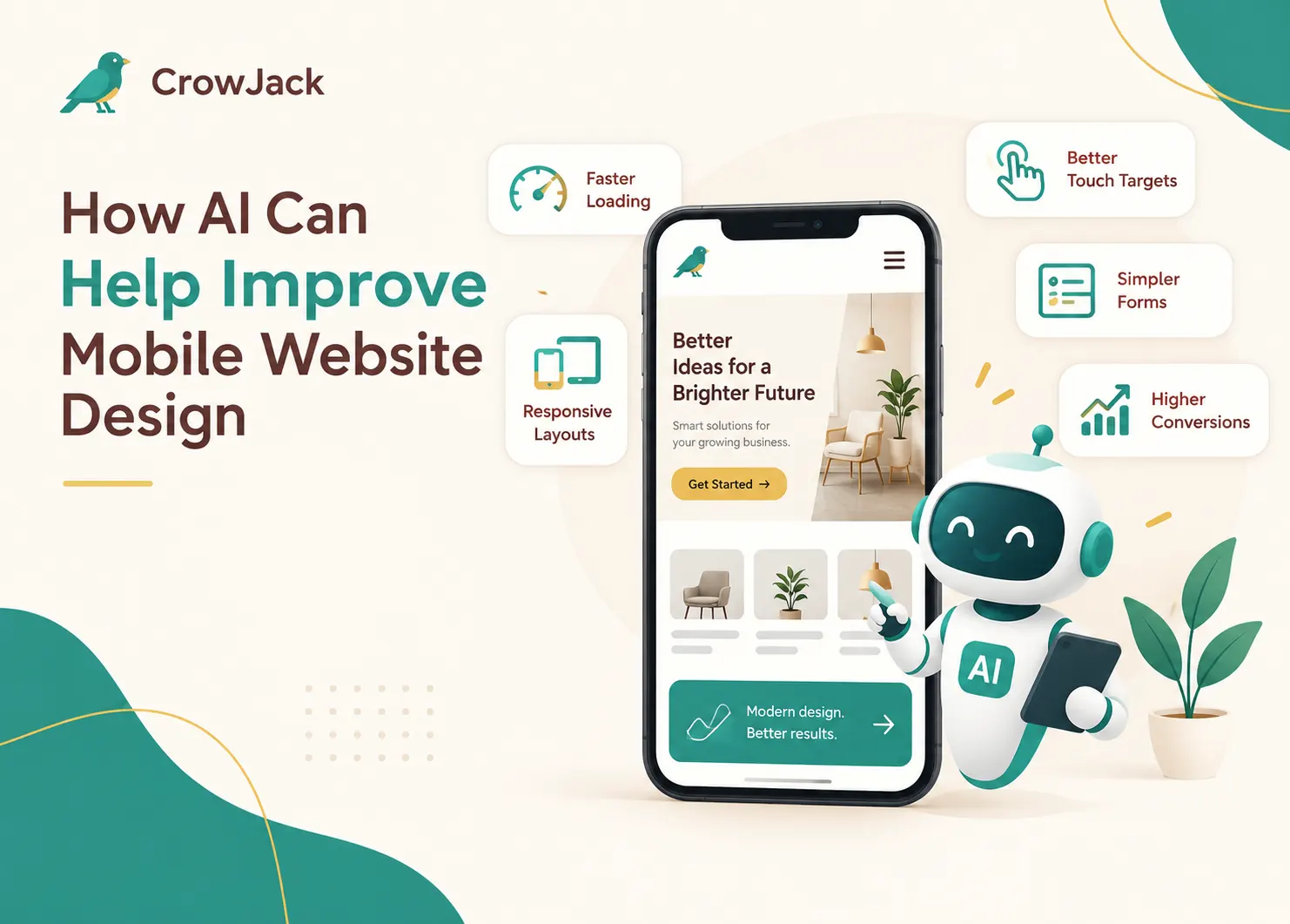 CrowJack-themed illustration showing how AI improves mobile website design, featuring a smartphone interface, AI assistant, responsive layouts, faster loading, better touch targets, simpler forms, and higher conversions. The visual uses CrowJack’s teal, gold, brown, and warm neutral brand colors.